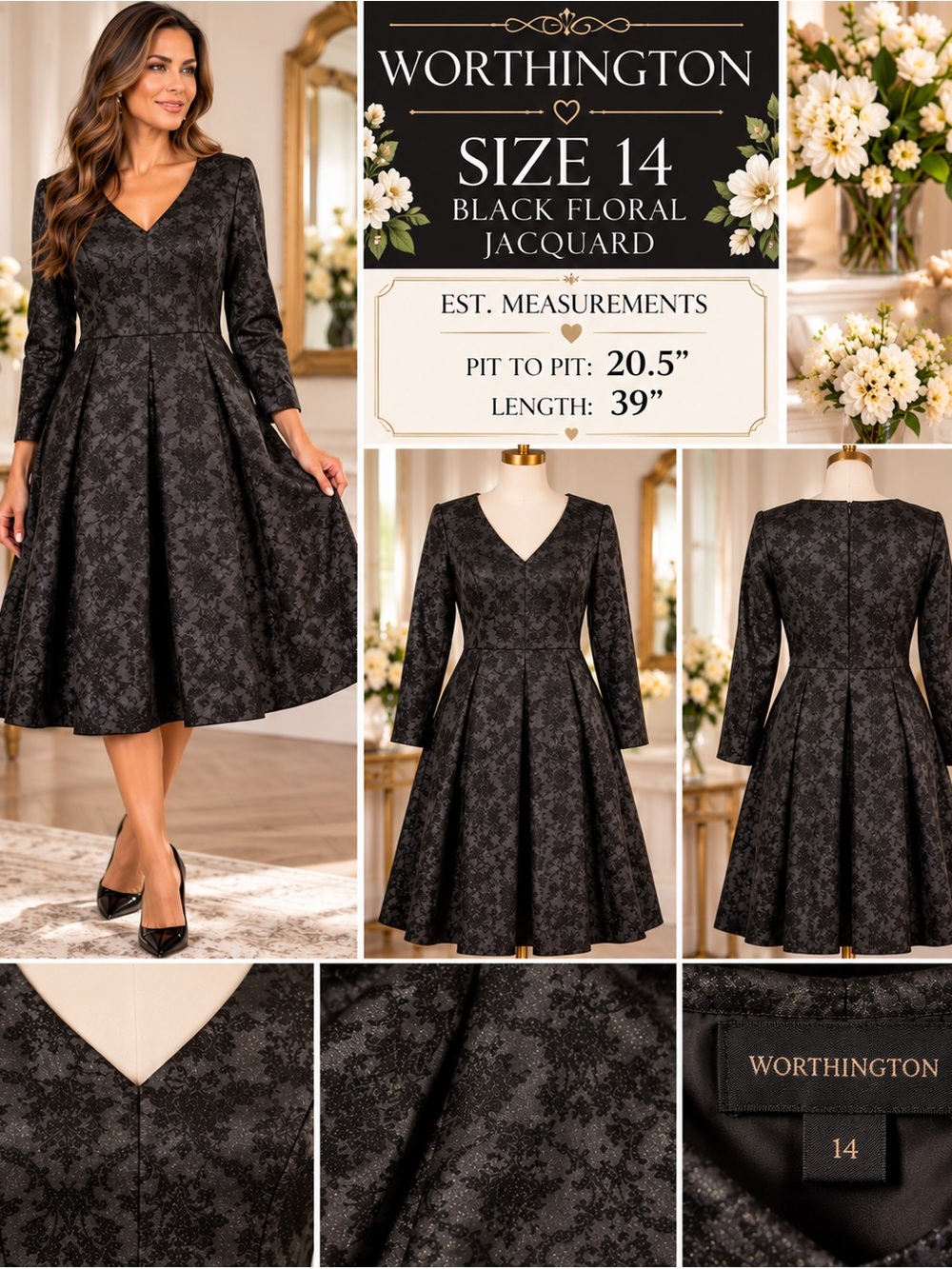 Worthington Black Floral Jacquard V-Neck Fit & Flare Dress